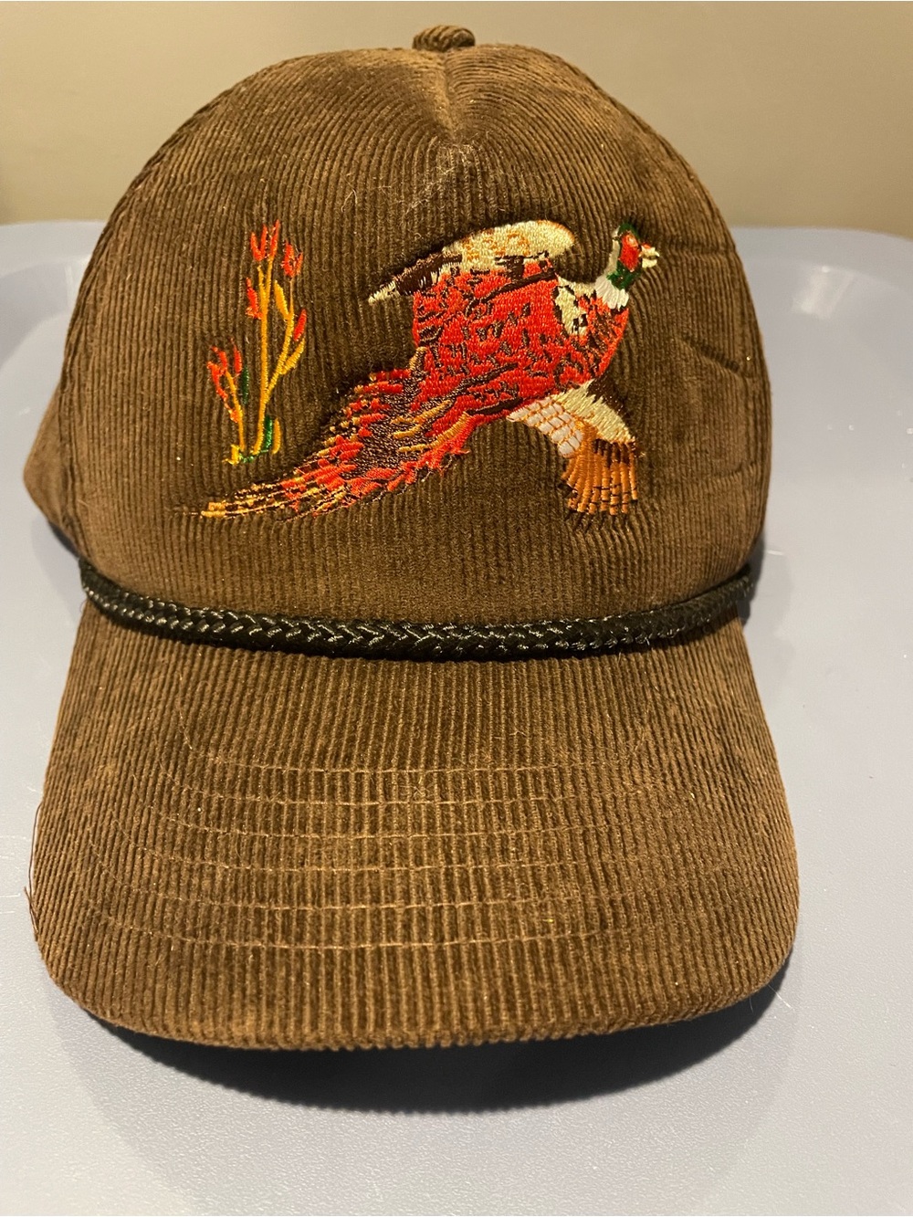 Vintage Brown Corduroy SnapBack hat with embroidered pheasant. Brand new